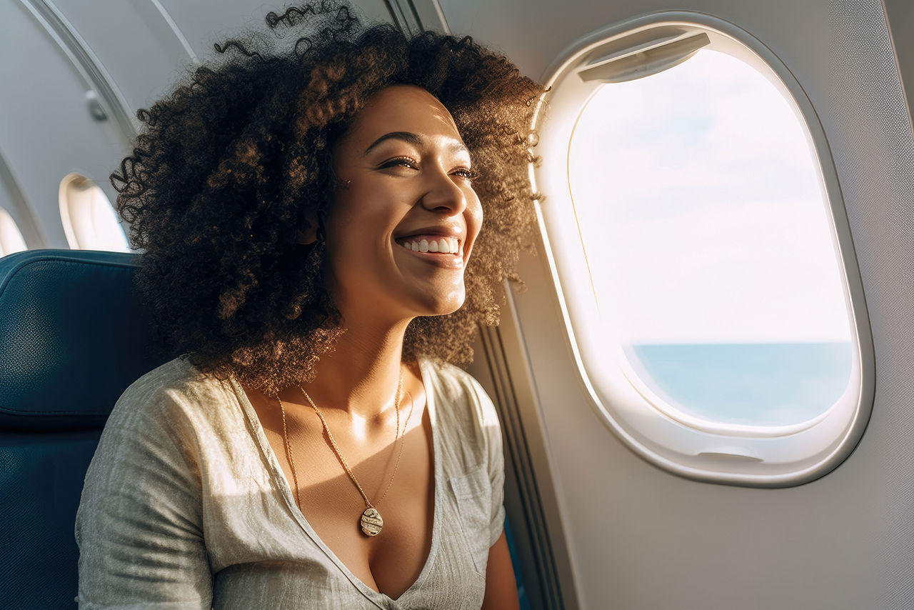 Frau lächelnd in einem Flugzeug sitzend