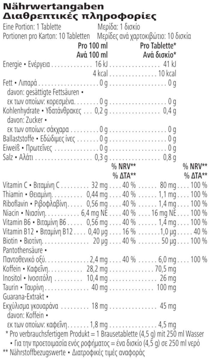 Herbalife LiftOff® Λεμόνι 10 δισκία Διαθρεπτικές πληροφορίες