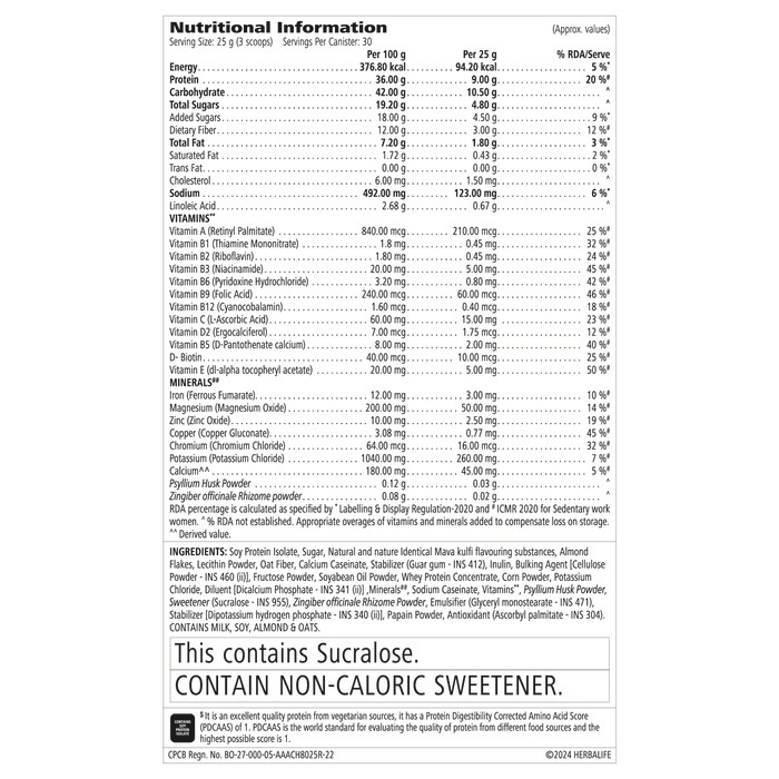 Herbalife Formula 1 Nutritional Shake Mix Kulfi 750g Nutritional Information