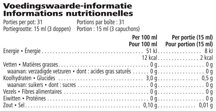 Herbalife Herbal Aloë Drank Mango Voedingswaarde-informatie