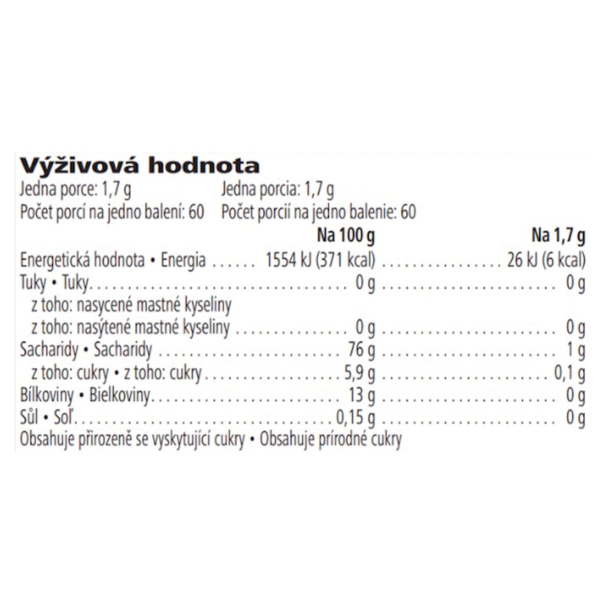Instantný bylinný nápoj s výťažkom z čaju Manga a dračieho ovocia 102 g Výživová hodnota