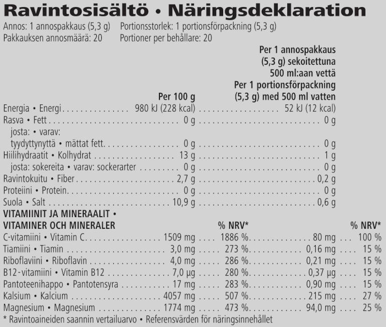 Herbalife24® Hydrate Apelsin 20 påsar Näringsdeklaration