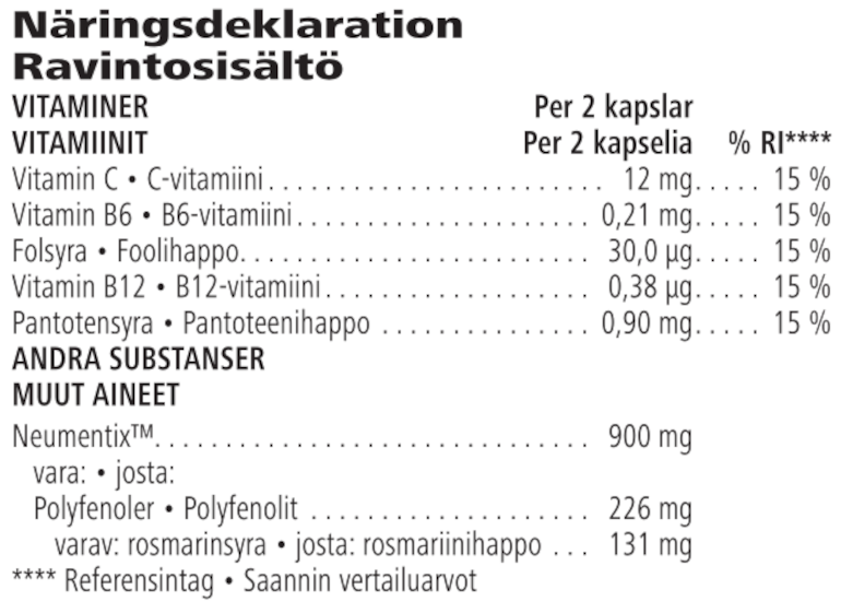 Herbalife Active Mind Complex 60 kapslar Näringsdeklaration