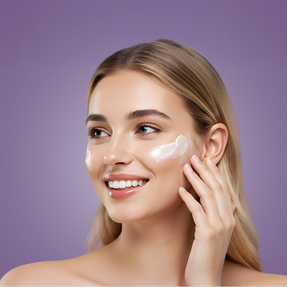 Μια γυναίκα εφαρμόζει την HL/Skin Ultimate Tension Cream στο πρόσωπό της.