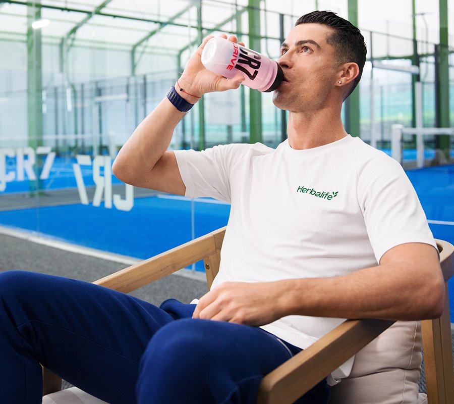Herbalife branded image of Cristiano Ronaldo drinking CR7 from a branded CR7 shaker