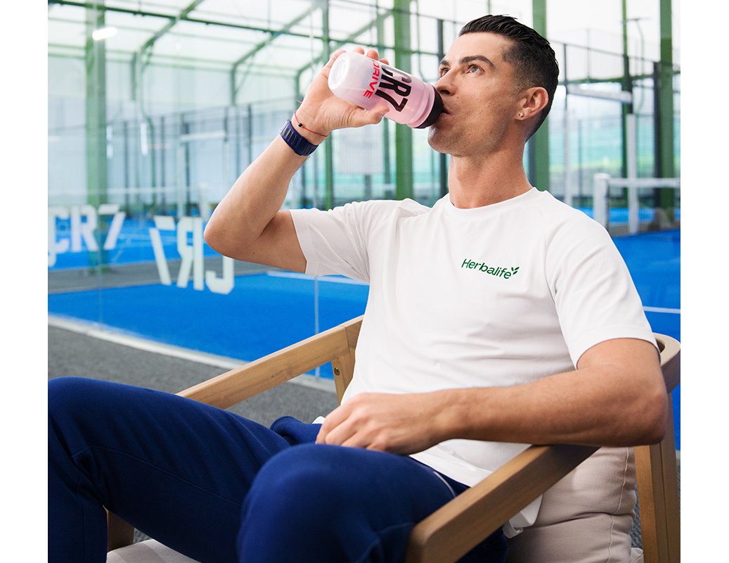 Herbalife branded image of Cristiano Ronaldo drinking CR7 from a branded CR7 shaker