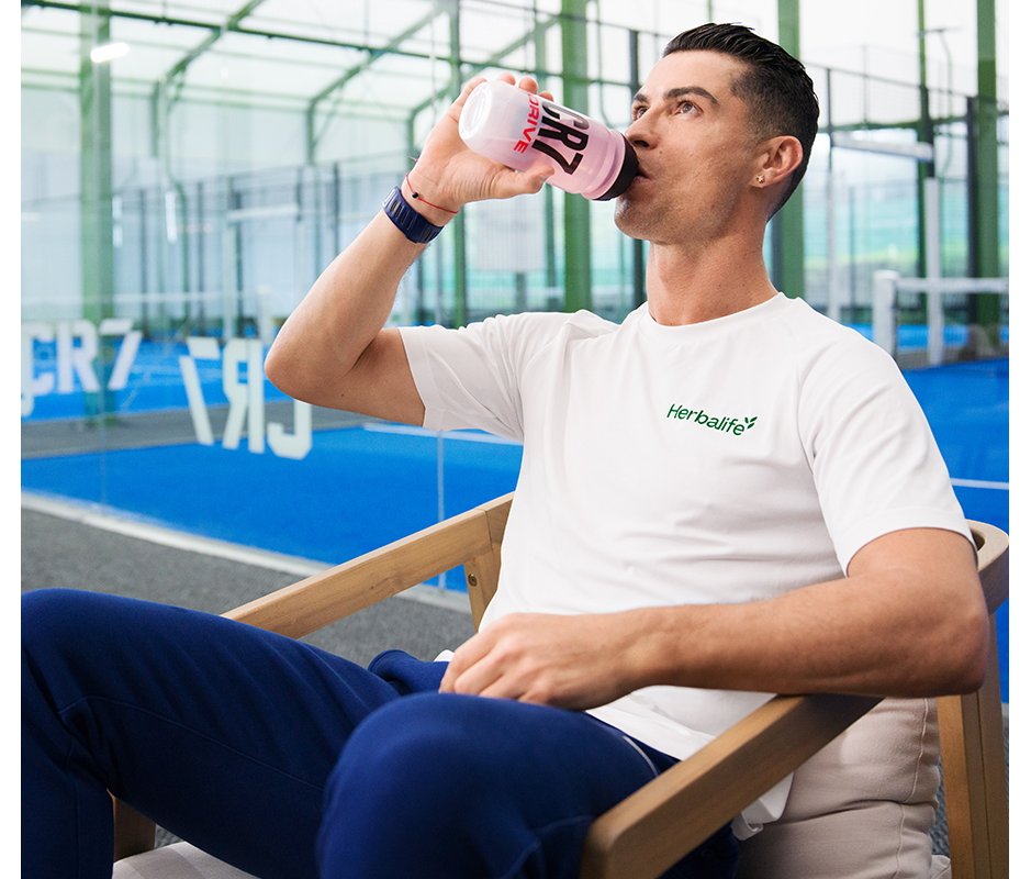 Herbalife branded image of Cristiano Ronaldo drinking CR7 from a branded CR7 shaker