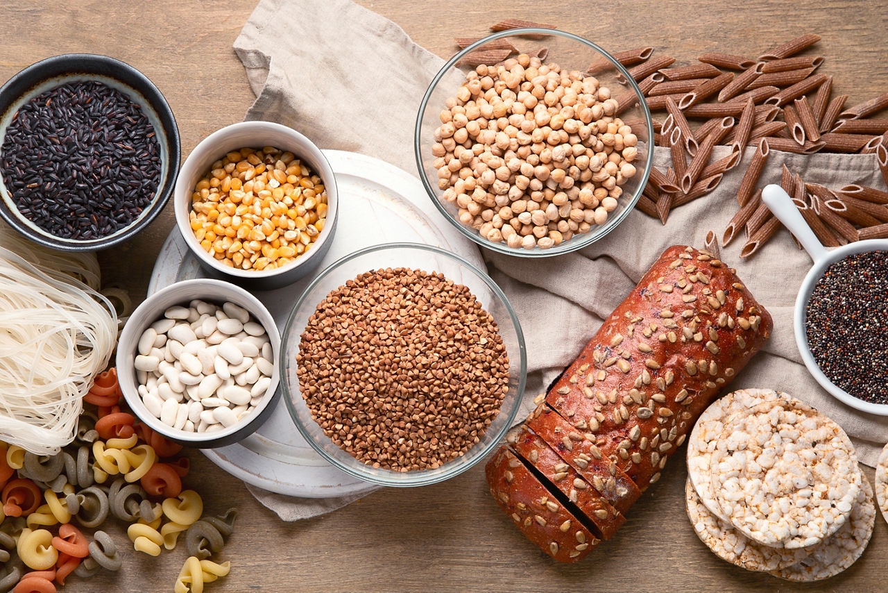 Various gluten free foods on wooden background. Top view 