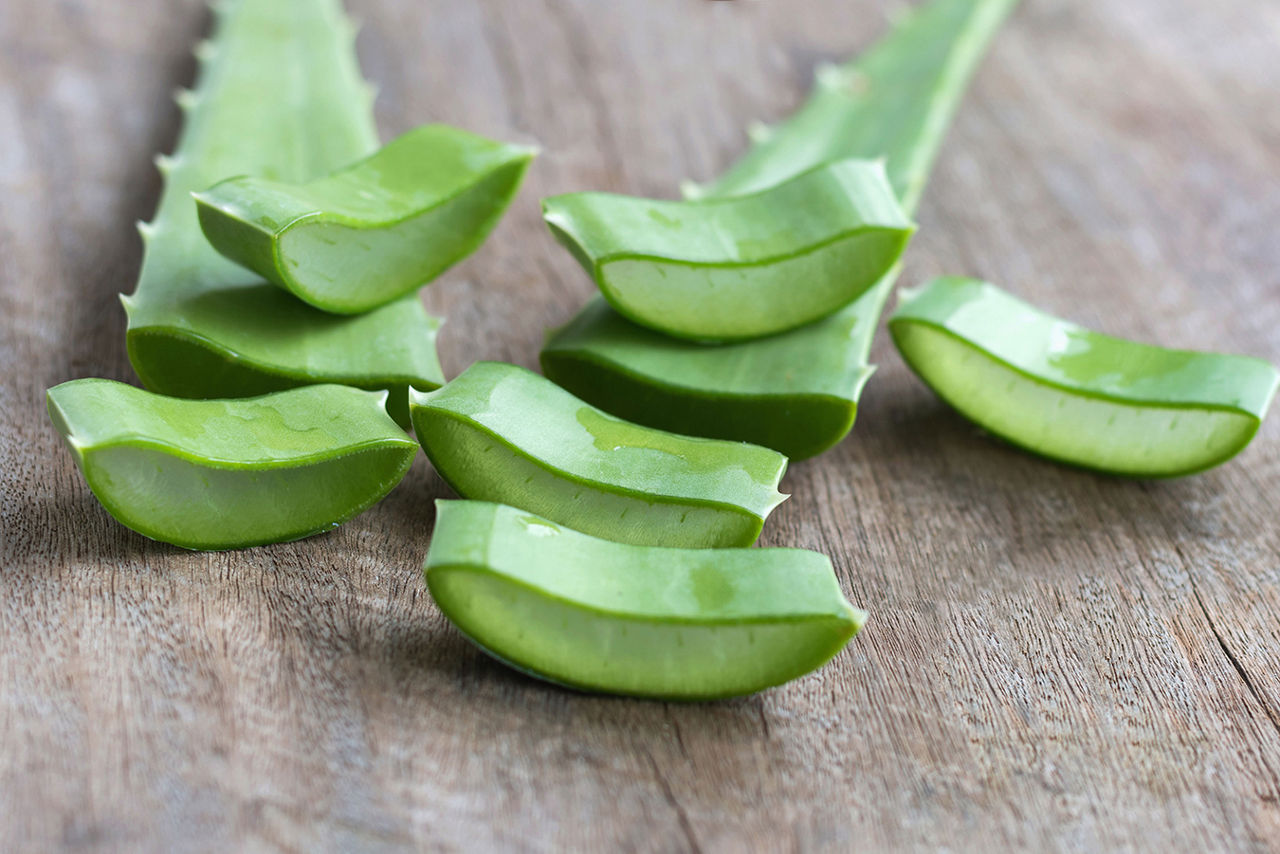 Slices of aloe vera, fresh leaf and sliced of aloe vera on wood