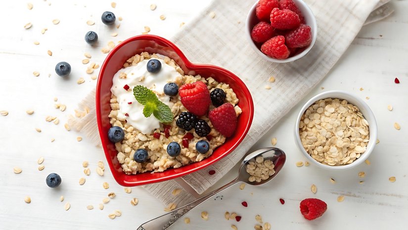 दिल के आकार का एक लाल कटोरा, जिसमें दलिया, ताज़ा दही और रंग-बिरंगे जामुन भरे हुए हैं