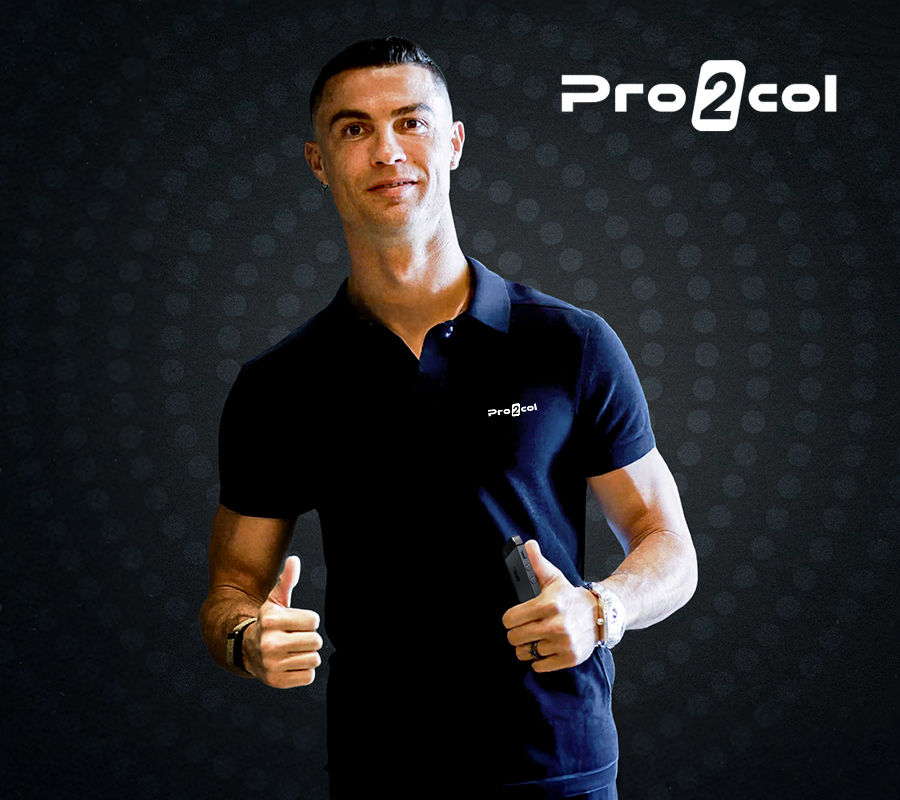 Pro2col-branded image of Cristiano Ronaldo wearing a Pro2col shirt and giving a thumbs up