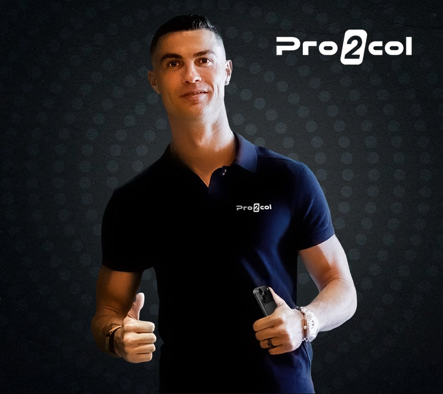 Pro2col-branded image of Cristiano Ronaldo wearing a Pro2col shirt and giving a thumbs up