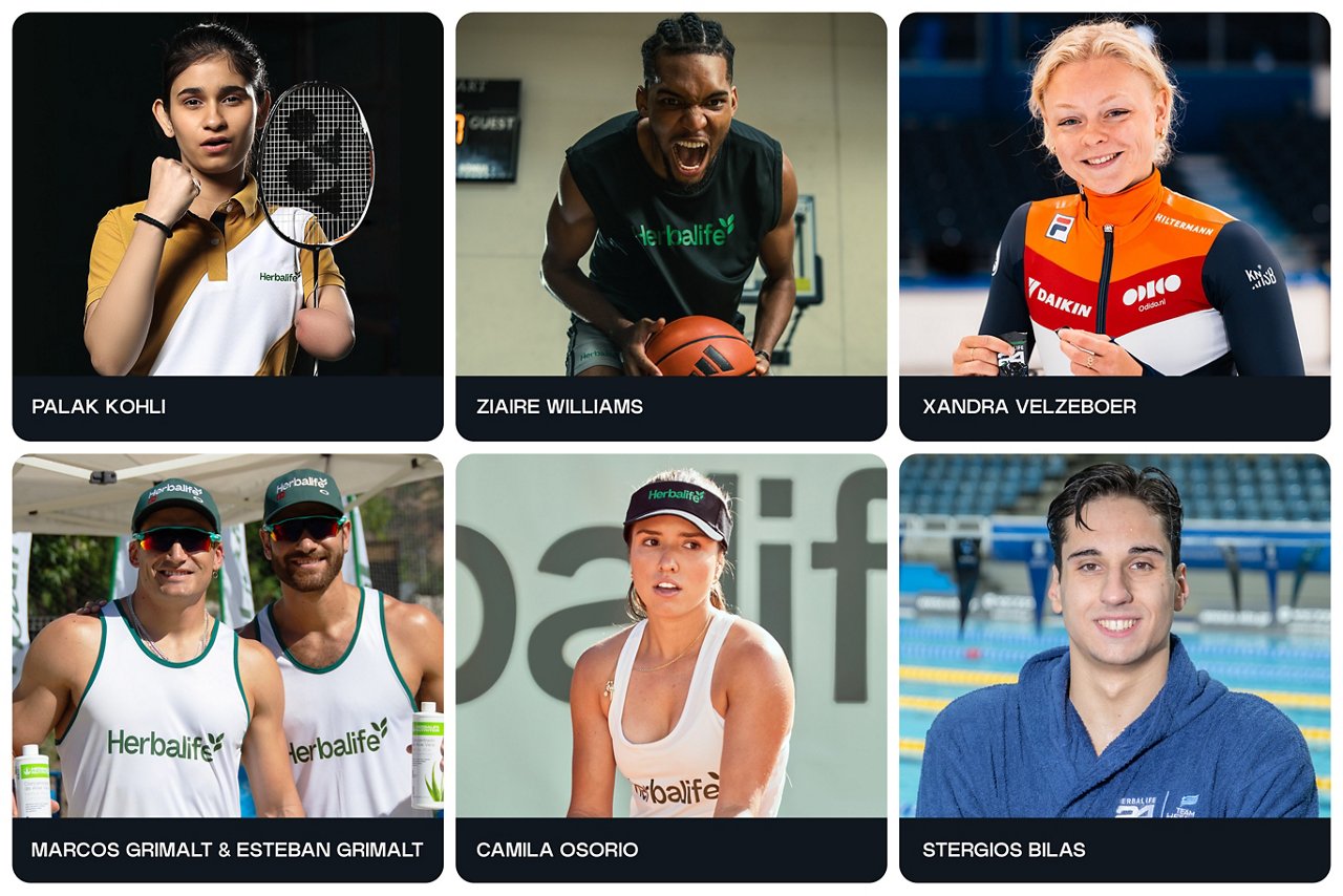  Imagen de 2025 Atletas Patrocinados por Herbalife: Palak Kohli, Ziaire Williams, Xandra Velzeboer, Marcos y Esteban Grimalt, Camila Osorio, Stergios Bilas (con nombres destacados)