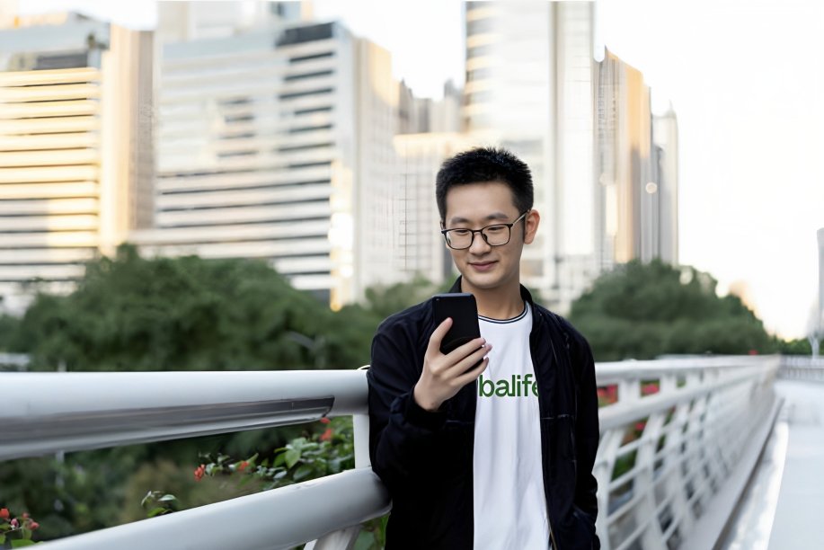 鬧市中的男子在看手提電話 