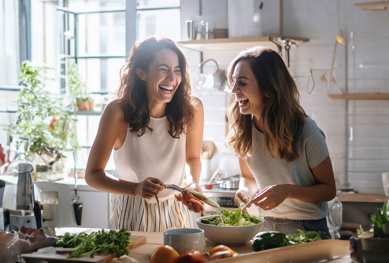 Two friends cooking and laughing together