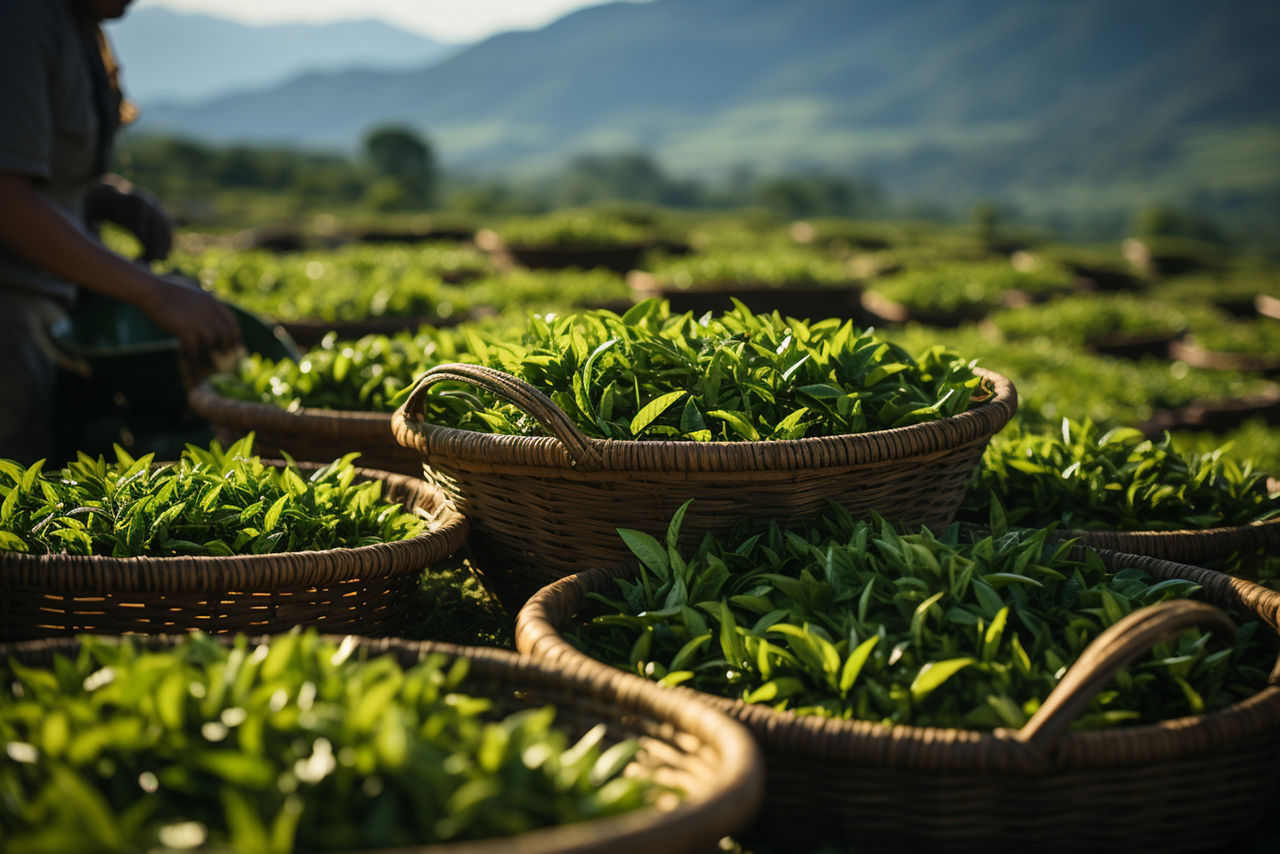 .workers gathering ceylon tea on green plantation.