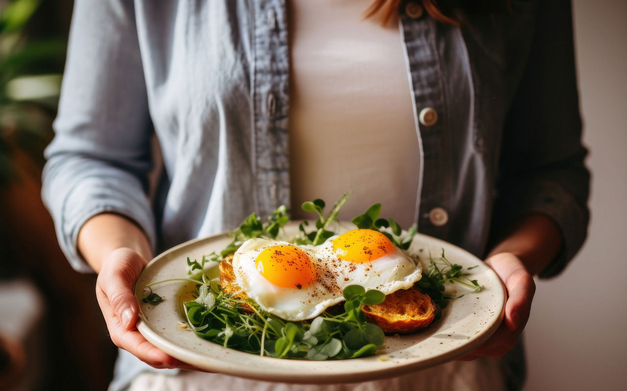 Woman holding a plate with egg toasts