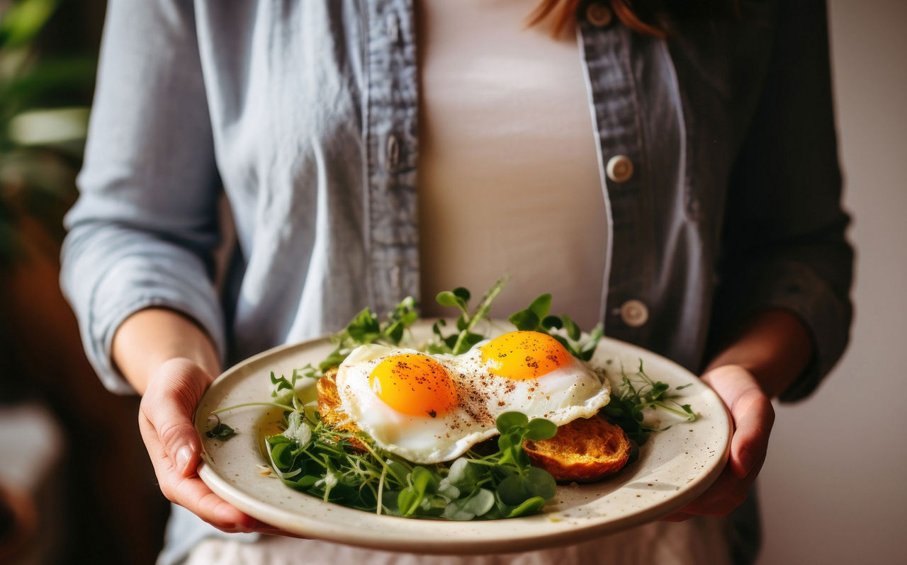 Vrouw die een bord met eiertoast vasthoudt