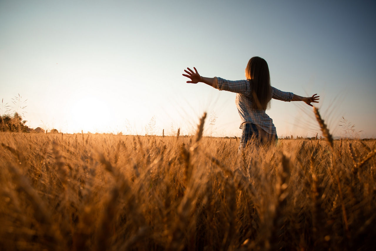 Back view woman with long hair in field at sunset, spreading out her hands, greeting sun. Young girl living in contact with nature. Living alone concept.