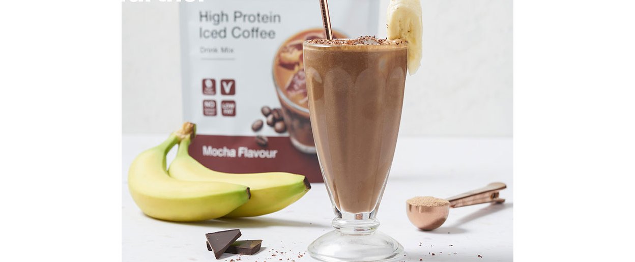 HPIC Mocha banana split high protein shake in a glass