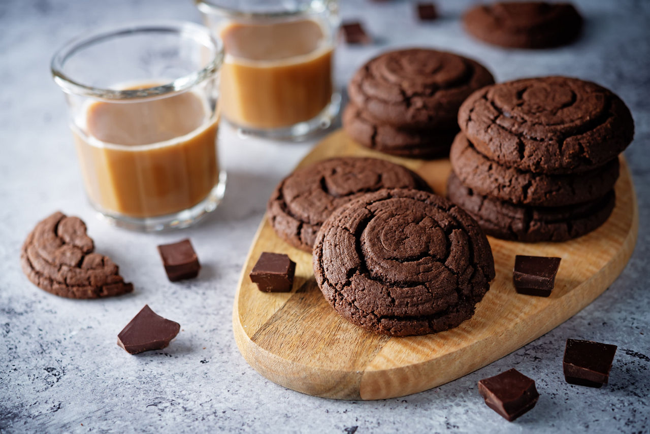 Chocolate cookies with chocolate slices. toning. selective focus