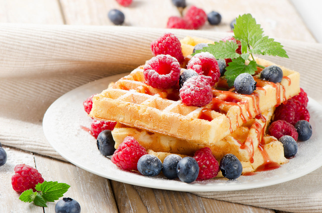 Waffles with berries. Selective focus