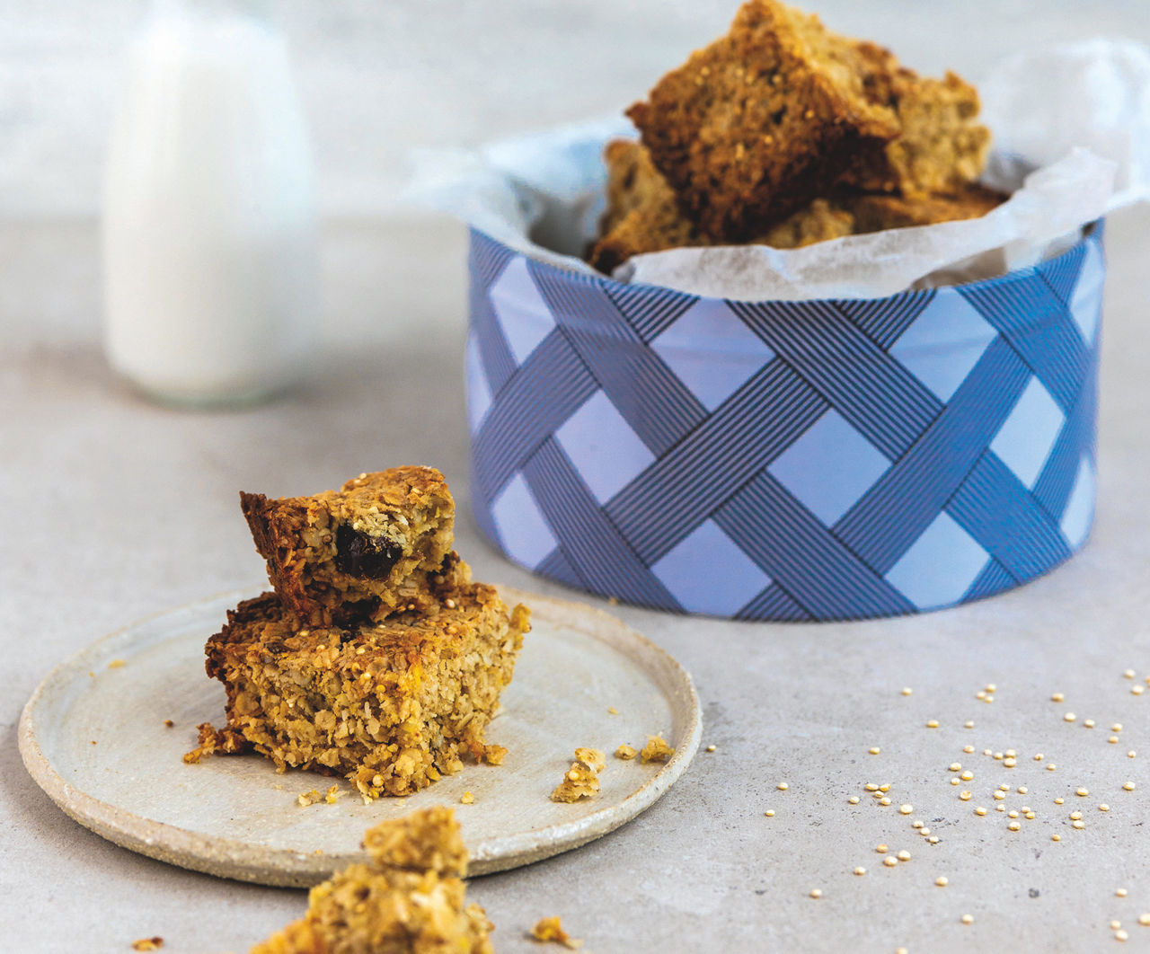 Quinoa squares in a box and on a plate
