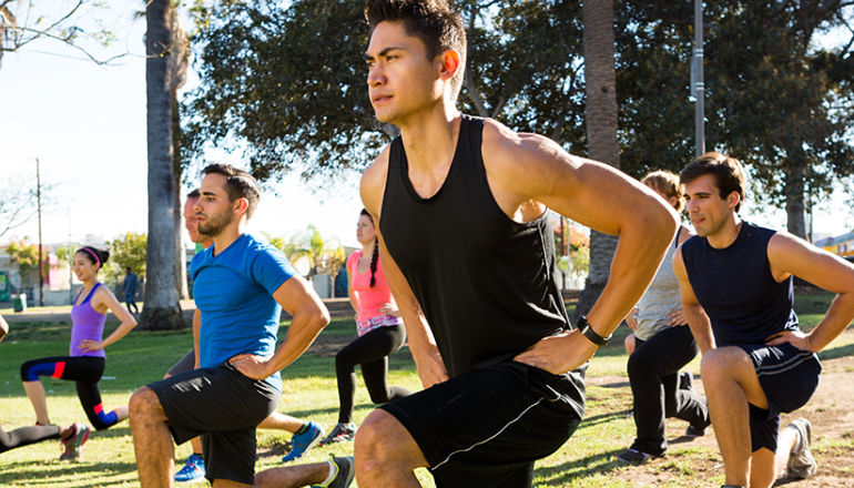 Athletes exercising outdoors