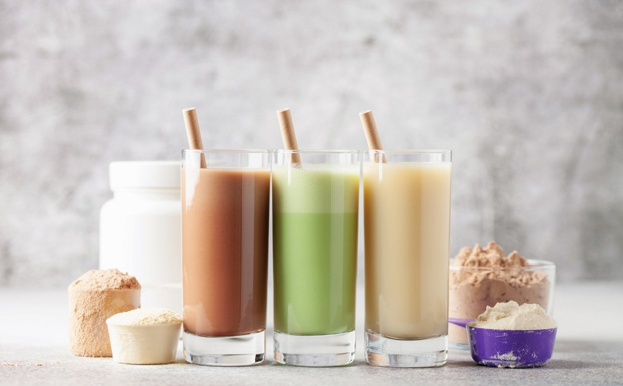 Various Protein sport shake and powder. Fitness food and drink.