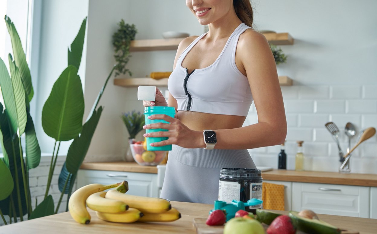 Close-up of young woman in sports clothing preparing protein cocktail at home