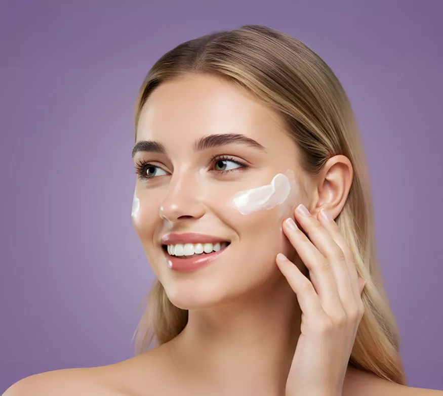 Μια γυναίκα εφαρμόζει την HL/Skin Ultimate Tension Cream στο πρόσωπό της.